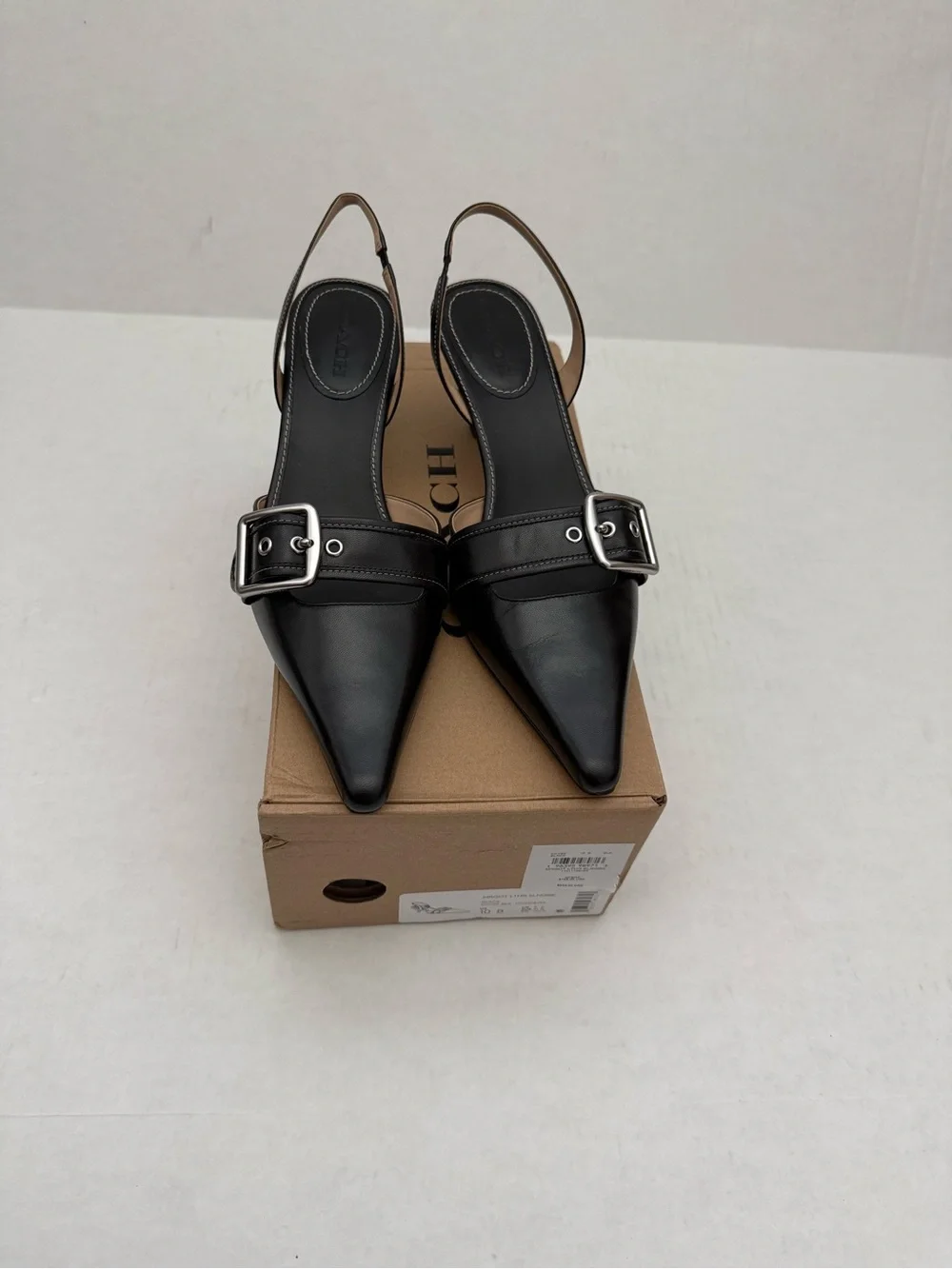 Coach Margot Black Leather Slingback Pump with Silver Buckle Size 10